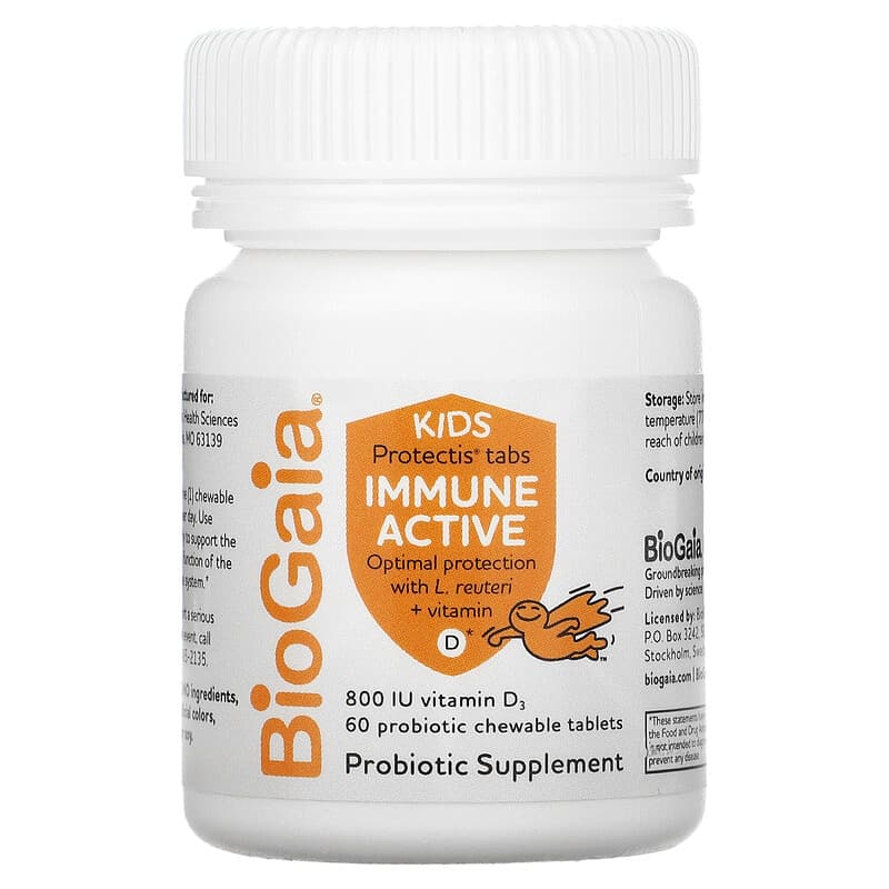 BioGaia, Kids, Immune Active with L. Reuteri + Vitamin D, Orange, 60 Probiotic Chewable Tablets