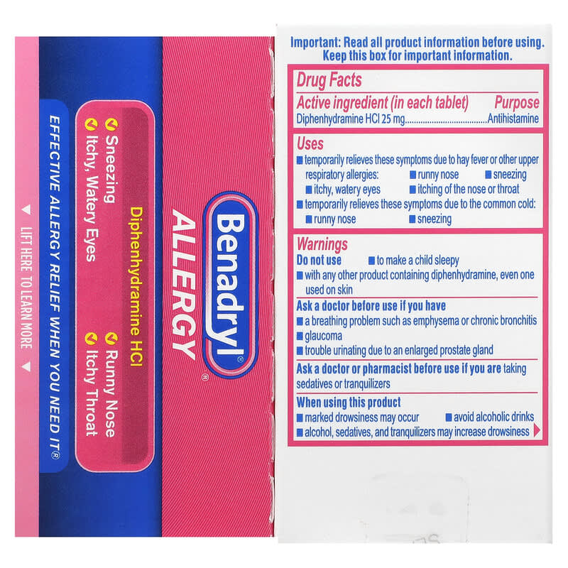 Benadryl, Allergy, Dipenhydramine HCl, 25 mg, 100 Tablets