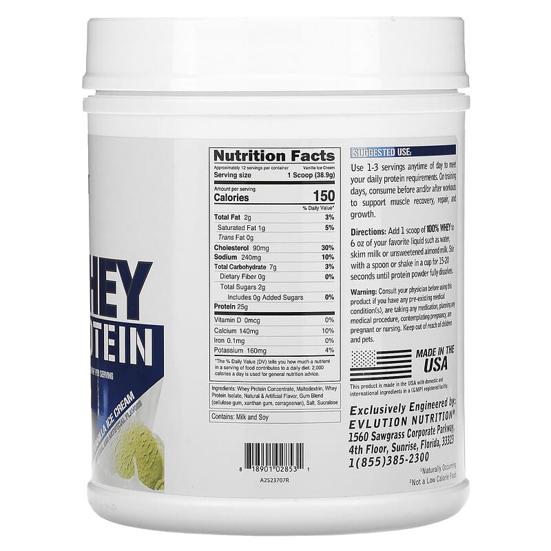 EVLution Nutrition, 100% Whey Protein, Vanilla Ice Cream, 1 lb (454 g)