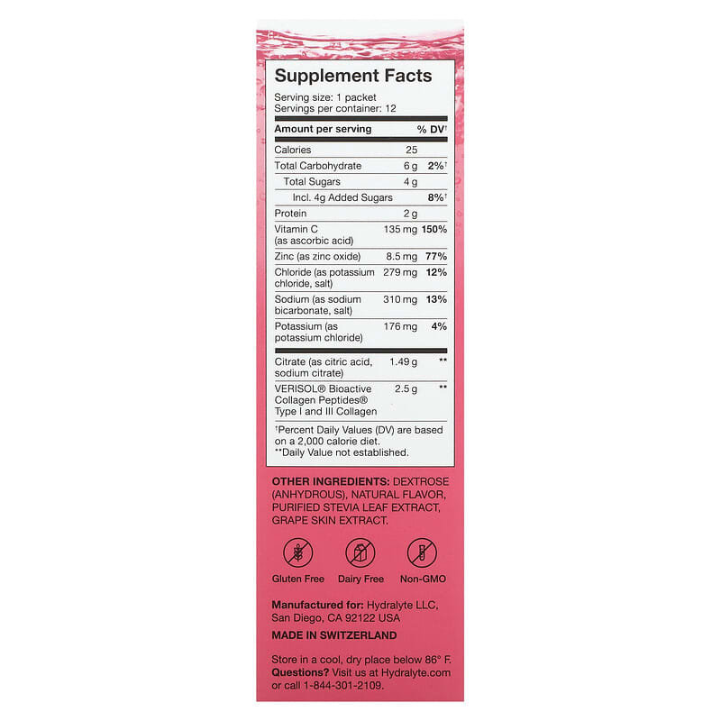 Hydralyte, Advanced Hydration, Verisol Collagen, Strawberry Lemonade, 12 Powder Packets, 0.34 oz (9.5 g) Each