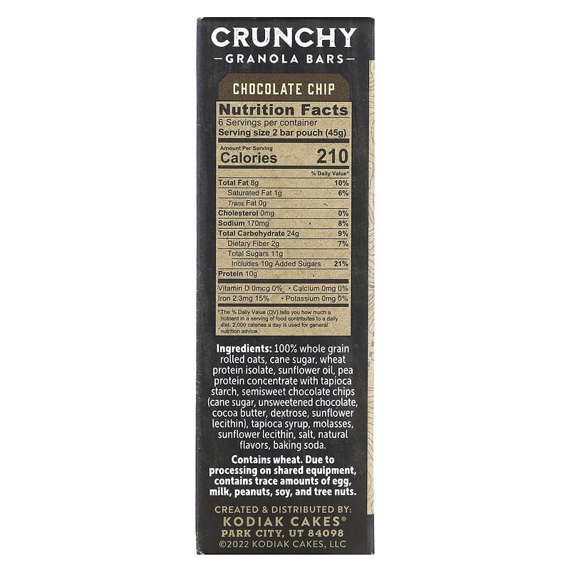 Kodiak Cakes, Crunchy Granola Bars, Chocolate Chip, 6 2-Bar Pouches, 1.59 oz (45 g) Each