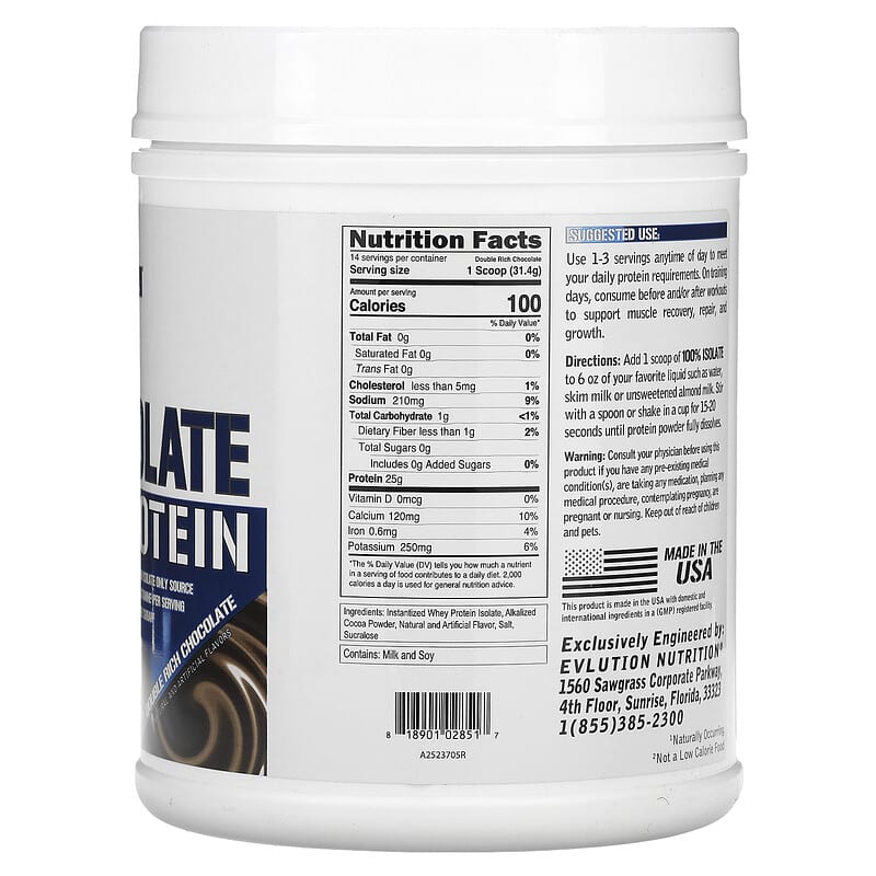 EVLution Nutrition, 100% Isolate Protein, Double Rich Chocolate, 1 lb (454 g)