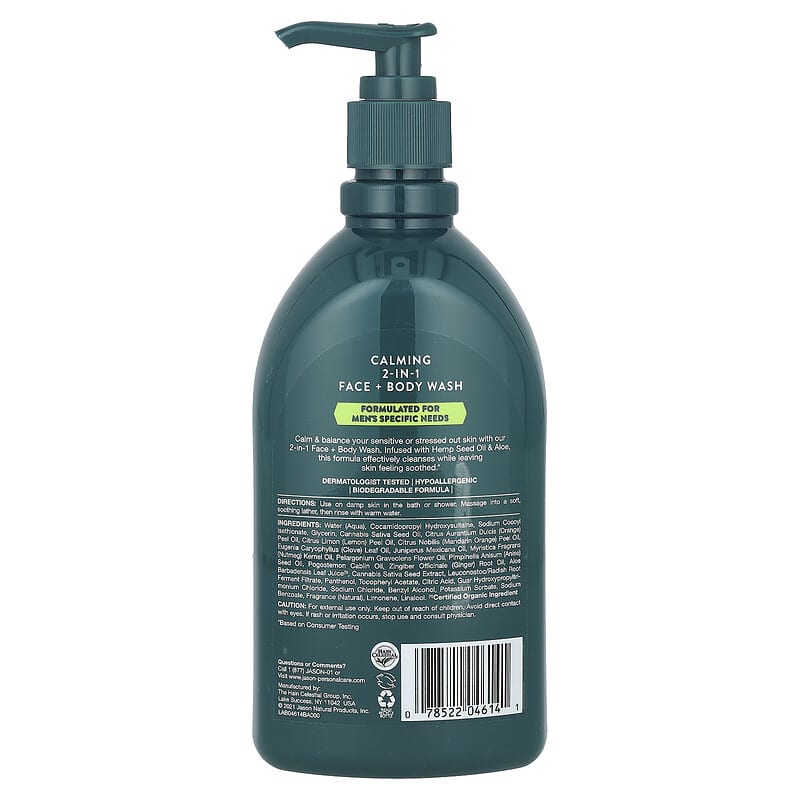 Jason Natural, Men's, Face + Body Wash, Hemp Seed Oil + Aloe, 16 fl oz (473 ml)