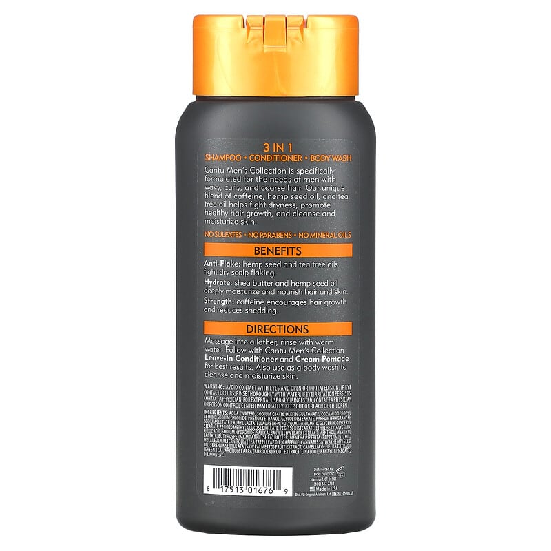 Cantu, Men's Collection, Shea Butter 3 In 1 Shampoo, Conditioner, Body Wash, 13.5 fl oz (400 ml)