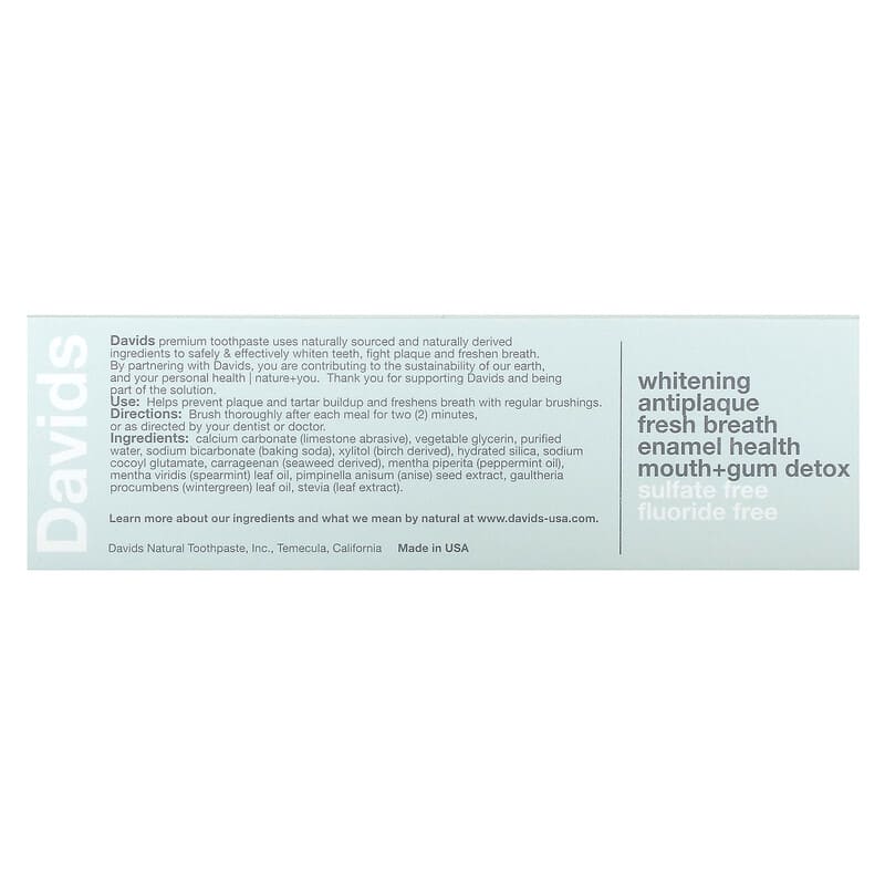 Davids Natural Toothpaste, Premium Toothpaste, Whitening + Antiplaque, Natural Peppermint, 1.75 oz (50 g)