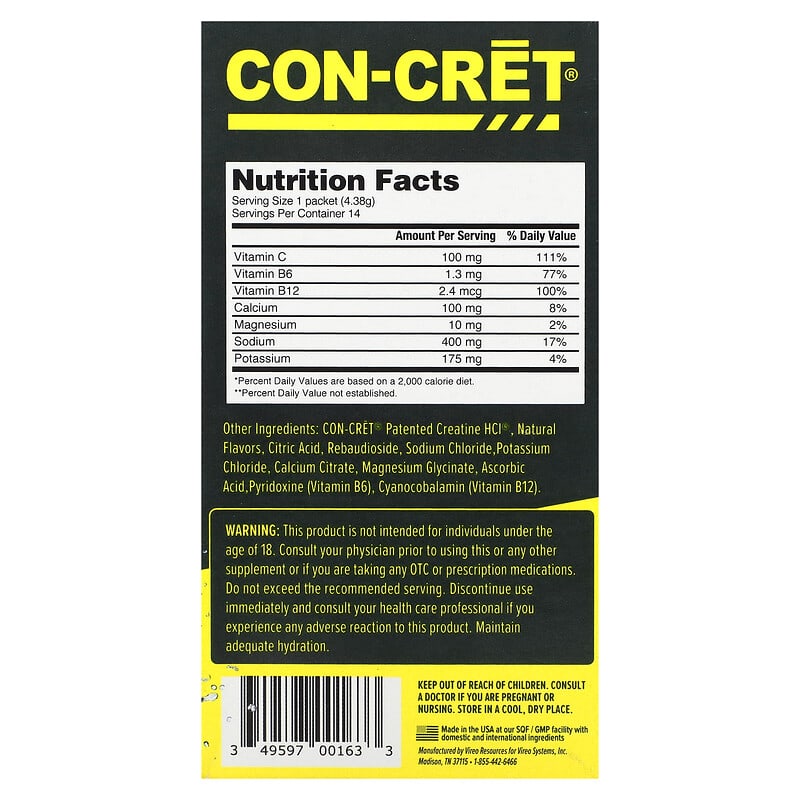 Con-Cret, Clean Hydration Drink Packets, Sugar-Free, Lemon Lime, 14 Packets, 0.15 oz (4.38 g) Each