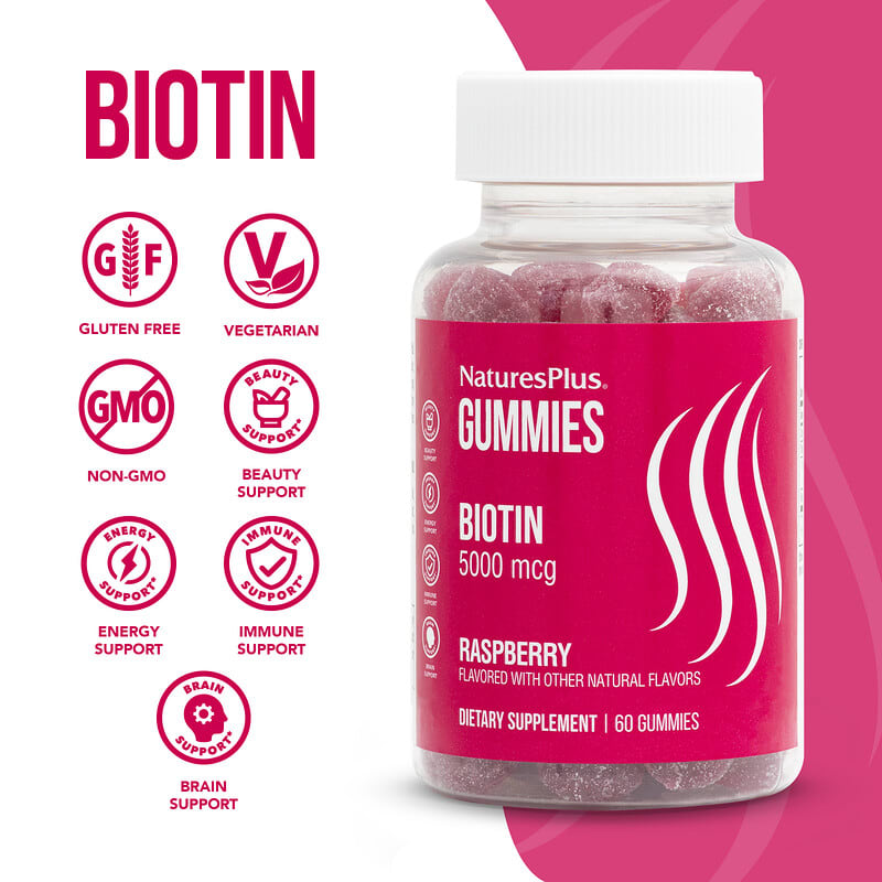 NaturesPlus, Biotin Gummies, Raspberry, 5,000 mcg, 60 Gummies