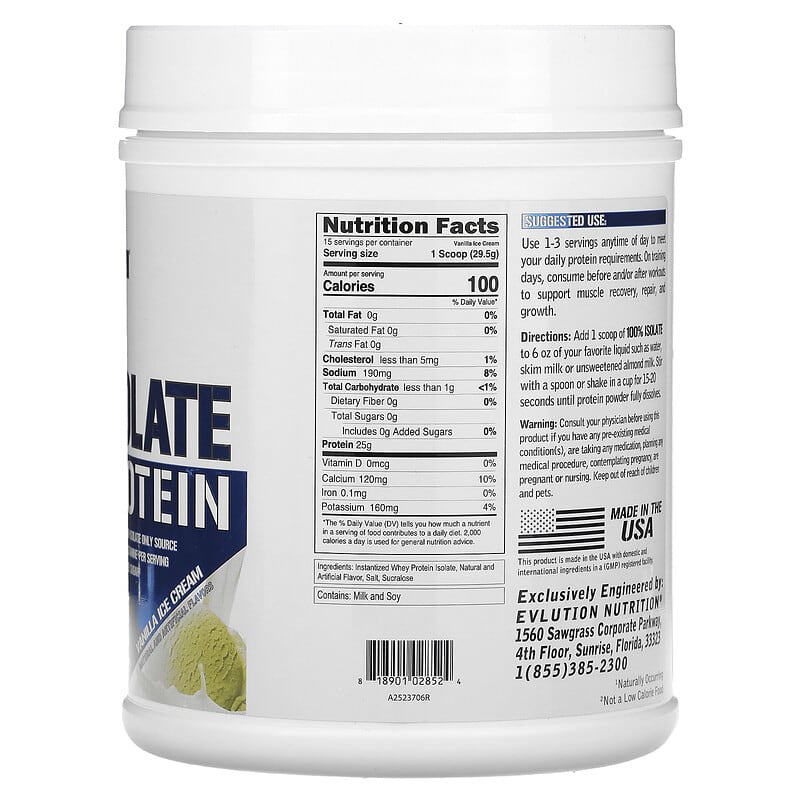 EVLution Nutrition, 100% Isolate Protein, Vanilla Ice  Cream, 1 lb (454 g)