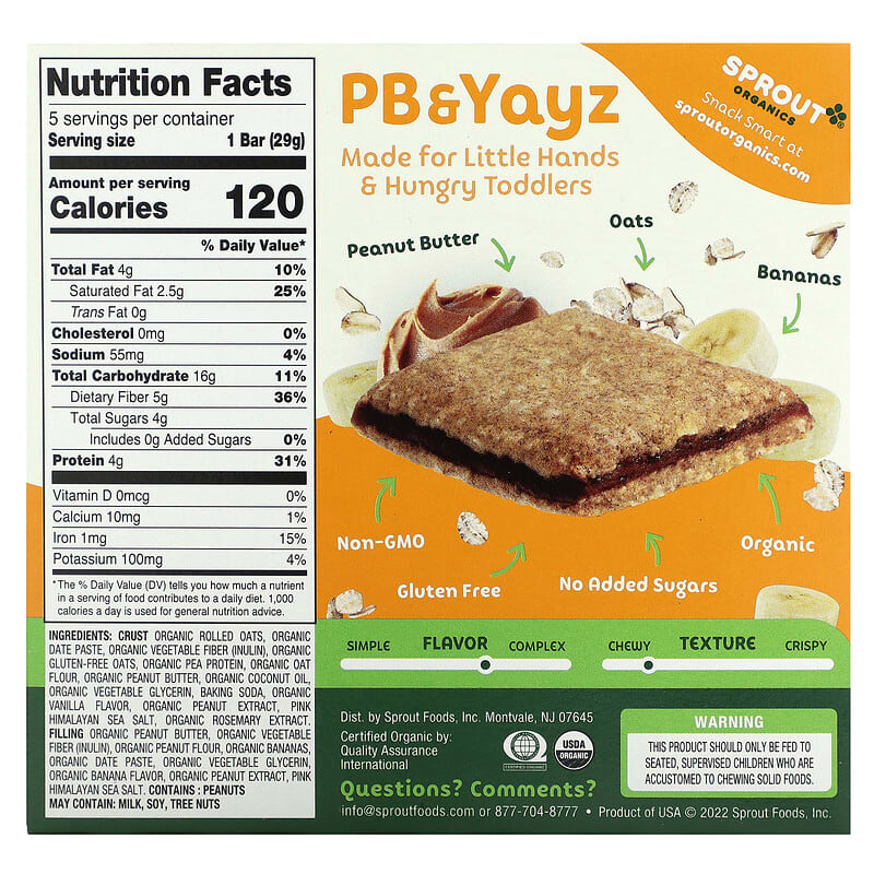 Sprout Organics, PB & Yayz, Organic Snack Sized Sandwich Bar, Peanut Butter & Banana, 5 Bars, 1.02 oz (29 g) Each