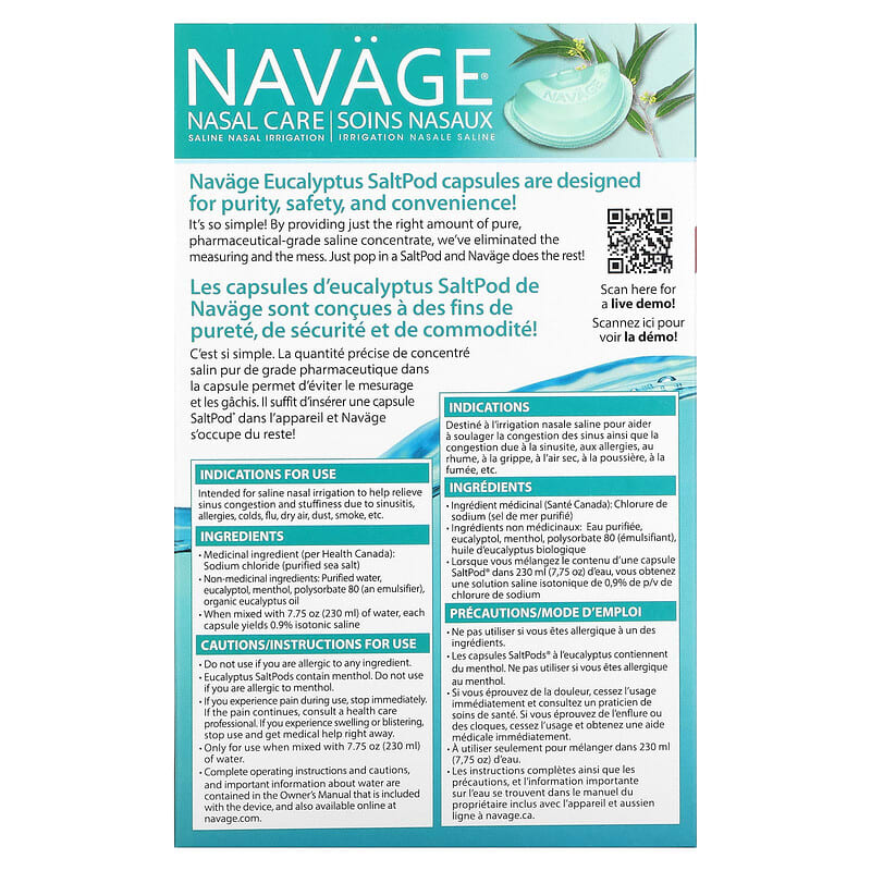 Navage, Nasal Care, Saline Nasal Irrigation, SaltPod Eucalyptus, 30 Saline Concentrate Capsules