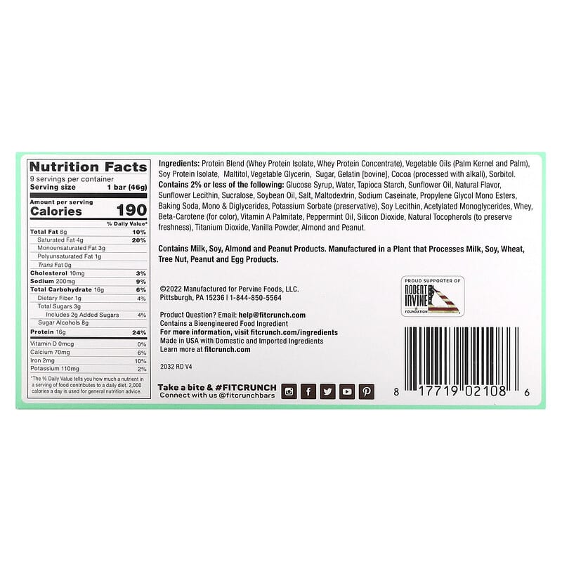FITCRUNCH, High Protein Baked Bar, Mint Chocolate Chip, 9 Bars, 1.62 oz (46 g) Each