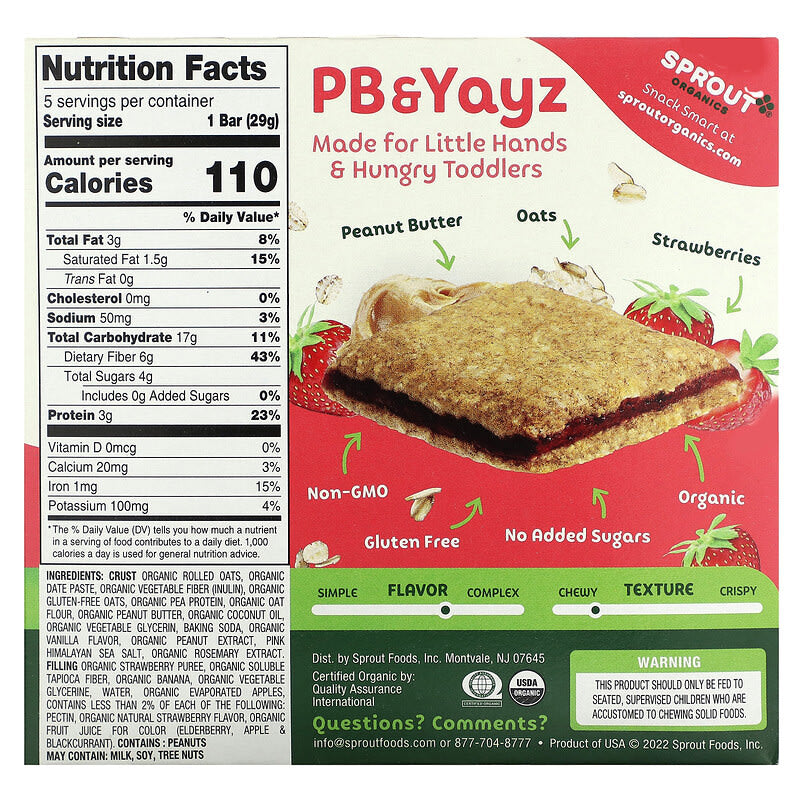 Sprout Organics, PB & Yayz, Organic Snack Sized Sandwich Bar, Peanut Butter & Strawberry, 5 Bars, 1.02 oz (29 g) Each