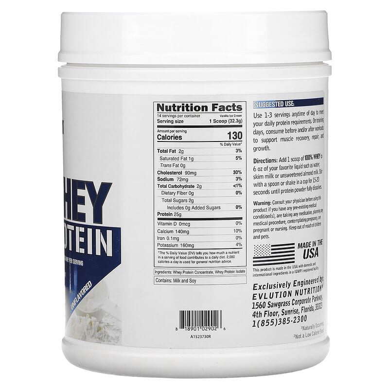 EVLution Nutrition, 100% Whey Protein, Unflavored, 1 lb (454 g)