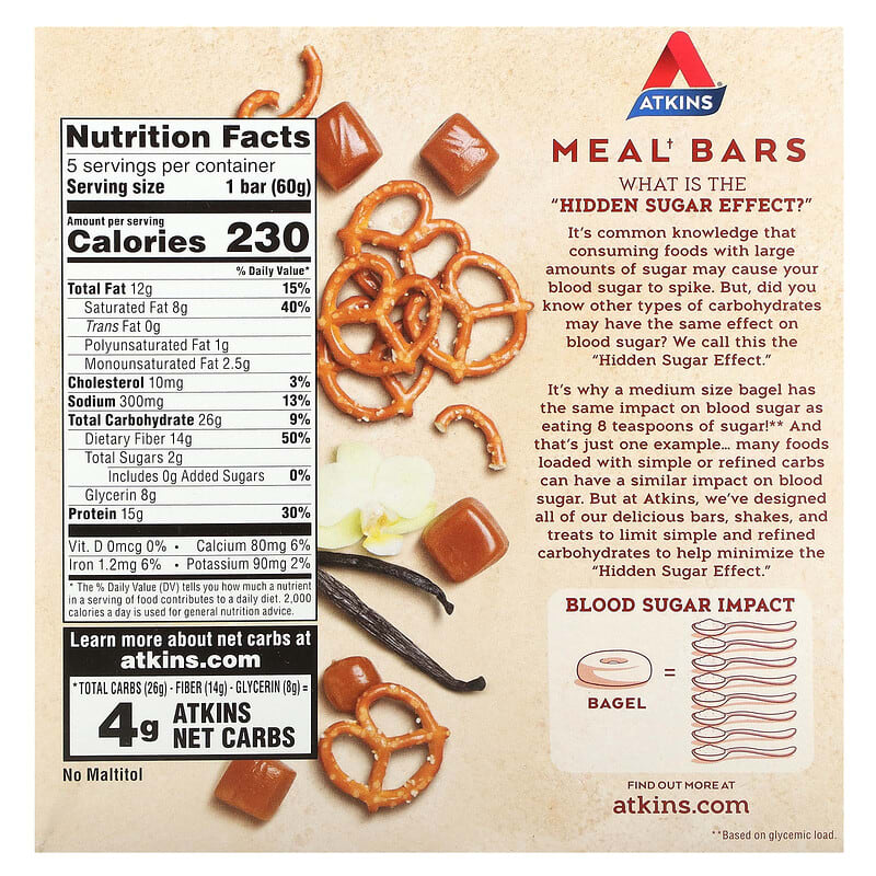 Atkins, Protein Meal Replacement, Vanilla Caramel Pretzel, 5 Bars, 2.12 oz (60 g)