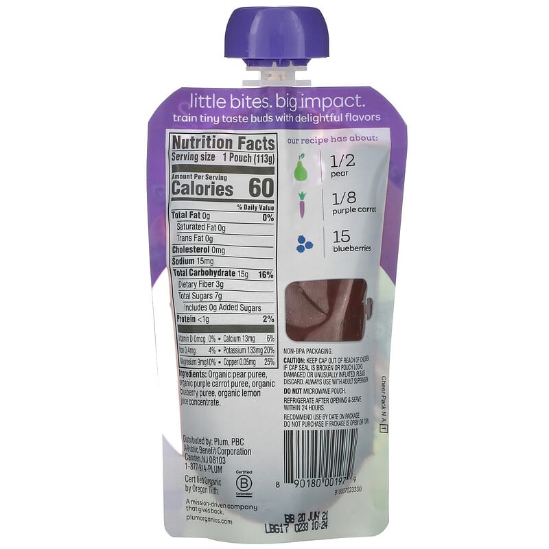 Plum Organics, Organic Baby Food, 6 Mos & Up, Pear, Purple Carrot & Blueberry, 4 oz (113 g)