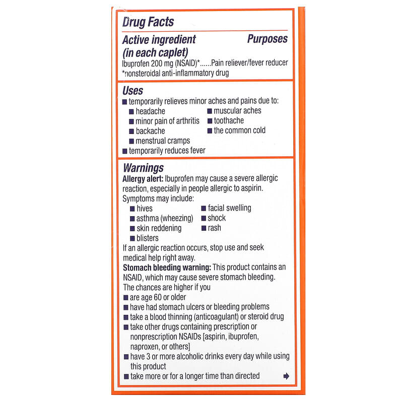 Motrin, Ibuprofen Tablets, 200 mg, 100 Coated Caplets