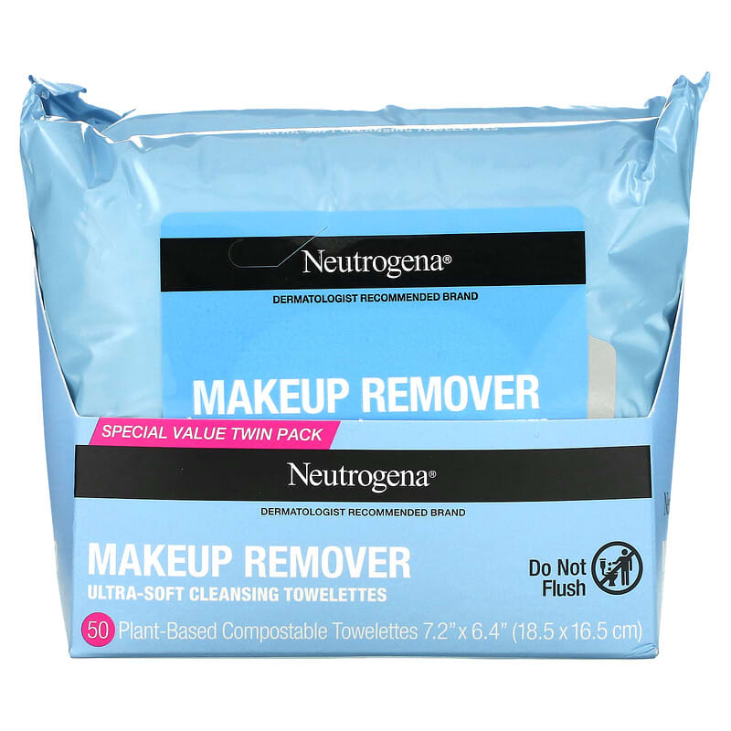 Neutrogena, Makeup Remover Ultra-Soft Cleansing Towelettes, 2 Packs, 25 Plant-Based Compostable Towelettes Each