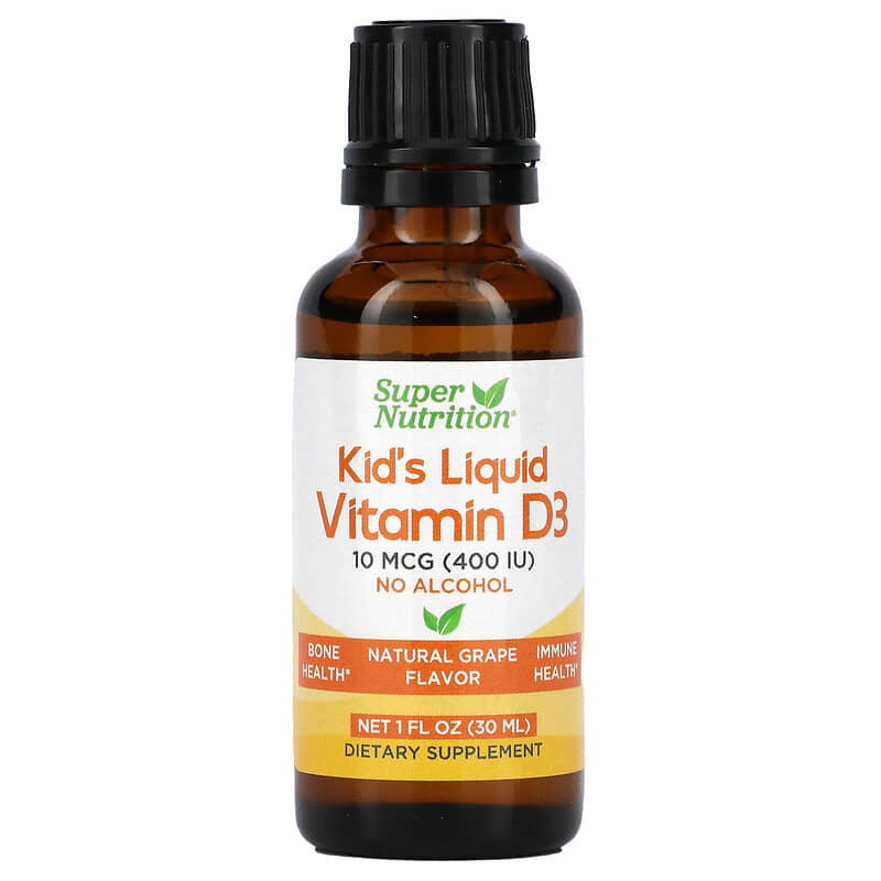 Super Nutrition, Kid’s Liquid Vitamin D3, No Alcohol, Grape, 10 mcg (400 IU), 1 fl oz (30 ml)