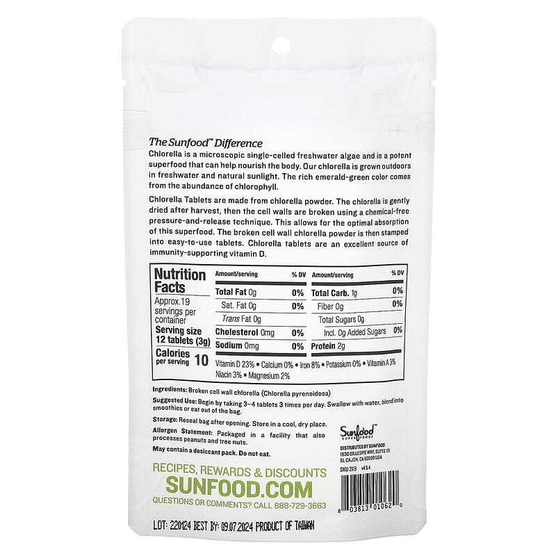 Sunfood, Broken Cell Wall Chlorella Tablets, 250 mg, 228 Tablets, 2 oz (57 g)