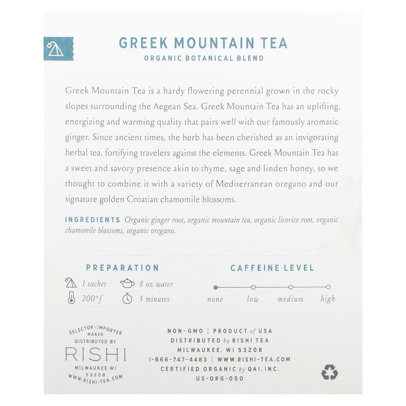 Rishi Tea, Greek Mountain Tea, Caffeine Free, 15 Sachets, 1.37 oz (39 g)