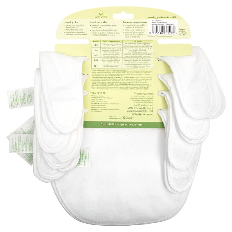 Green Sprouts, Stay Dry Bibs, 3-12 Months, White, 10 Pack