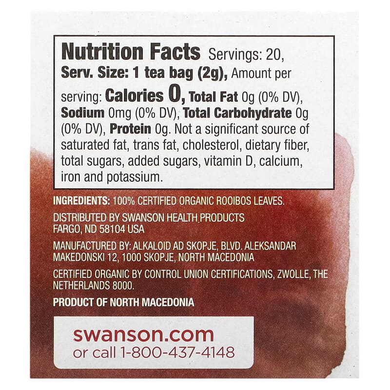 Swanson, 100% Organic Rooibos Red Tea, Caffeine-Free, 20 Tea Bags, 1.4 oz (40 g)