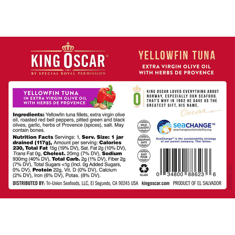 King Oscar, Yellowfin Tuna, Extra Virgin Olive Oil, Herbs De Provence, 6.7 oz (190 g)