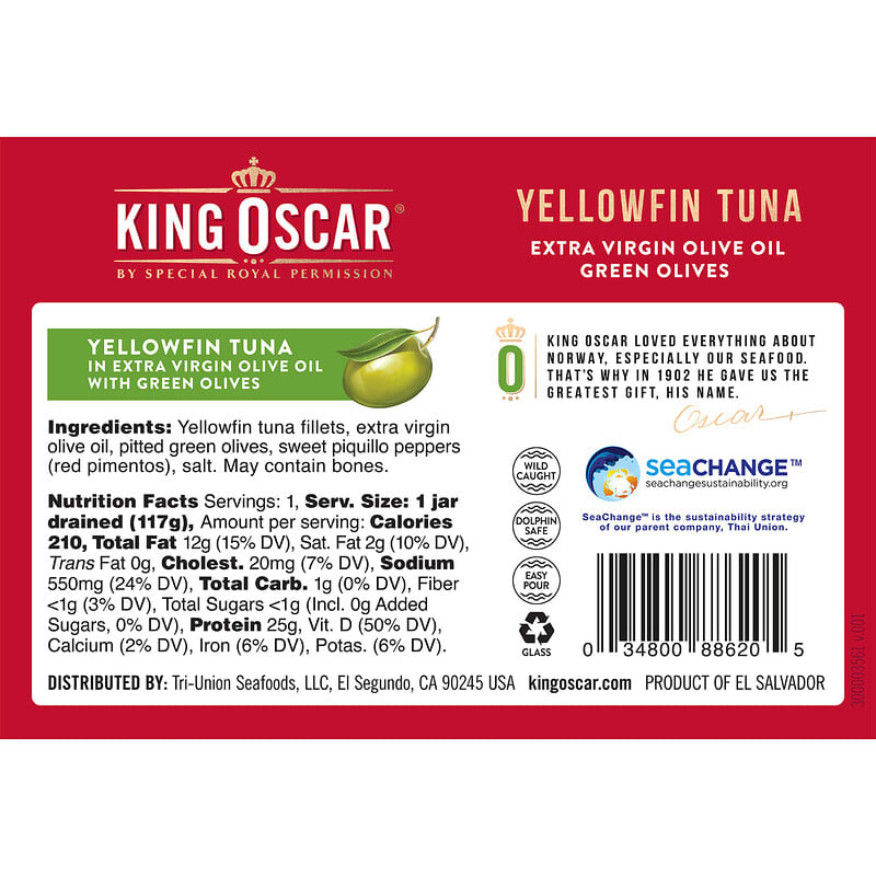 King Oscar, Yellowfin Tuna, Extra Virgin Olive Oil, Green Olives, 6.7 oz (190 g)