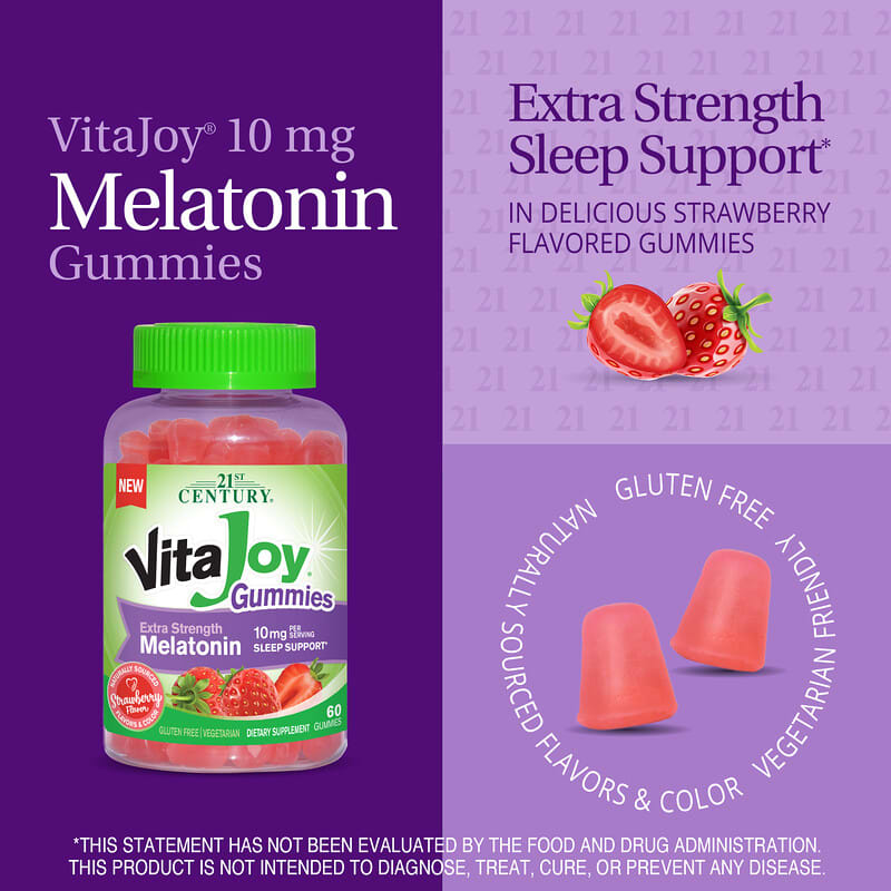 21st Century, Vita Joy Melatonin Gummies, Extra Strength, Strawberry, 5 mg, 60 Gummies