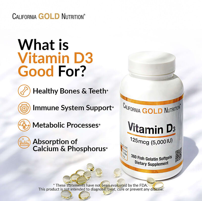 California Gold Nutrition, Vitamin D3, 125 mcg (5,000 IU), 90 Fish Gelatin Softgels