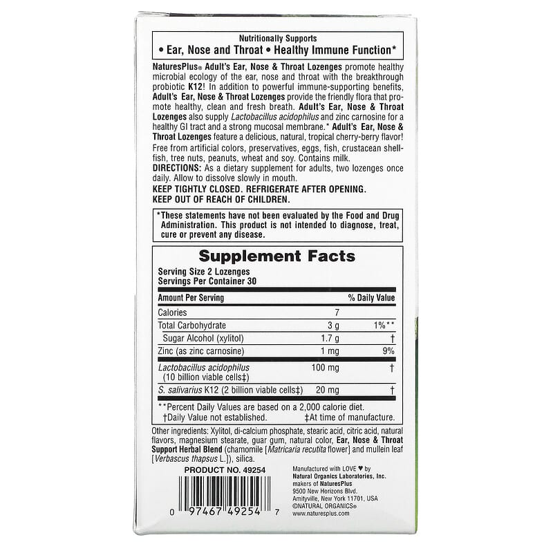 NaturesPlus, Adult's Ear, Nose & Throat Lozenges, Natural Tropical Cherry Berry, 60 Lozenges