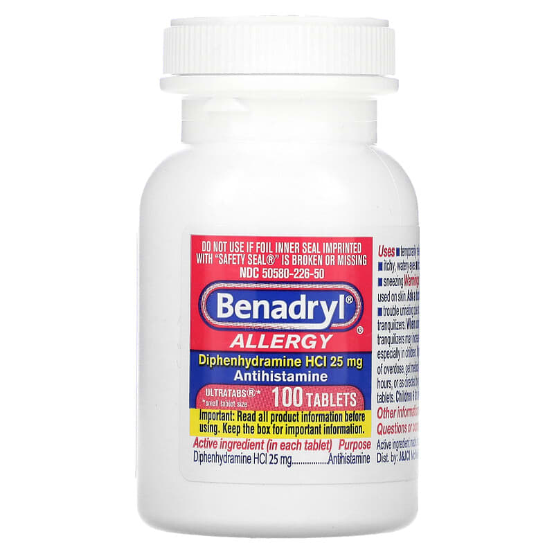 Benadryl, Allergy, Dipenhydramine HCl, 25 mg, 100 Tablets