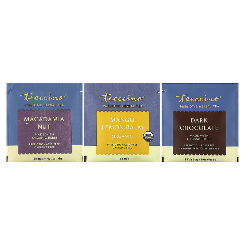 Teeccino, Prebiotic Herbal Tea Sampler, 3 Flavors, Caffeine Free, 12 Tea Bags, 2.54 oz (72 g)