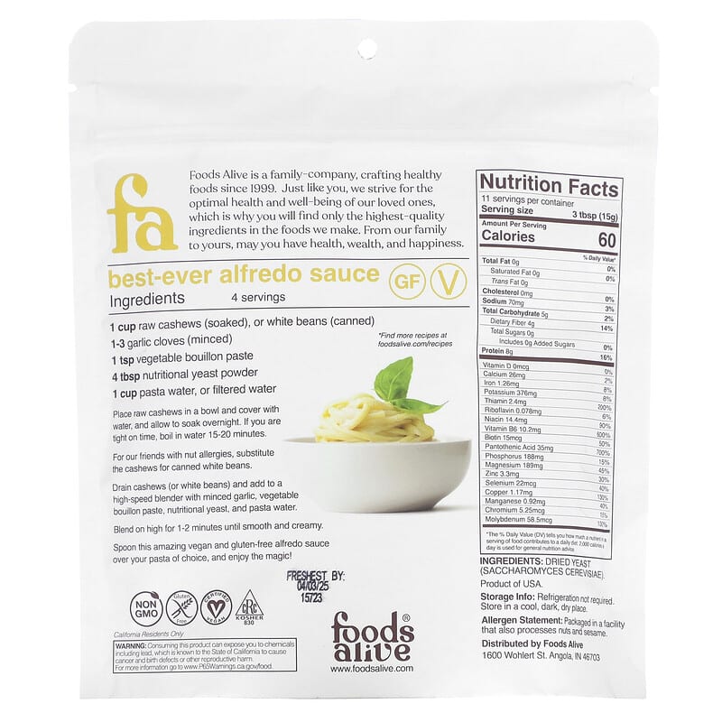 Foods Alive, Nutritional Yeast Flakes, Unfortified, 6 oz (170 g)