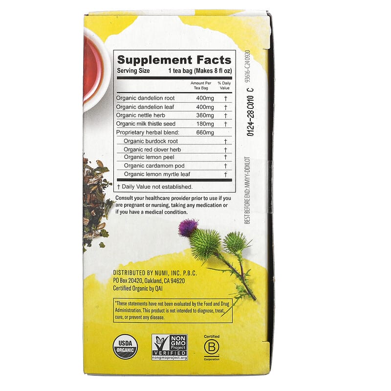 Numi Tea, Organic, Dandelion Detox, Caffeine Free, 16 Non-GMO Tea Bags, 1.13 oz (32 g)