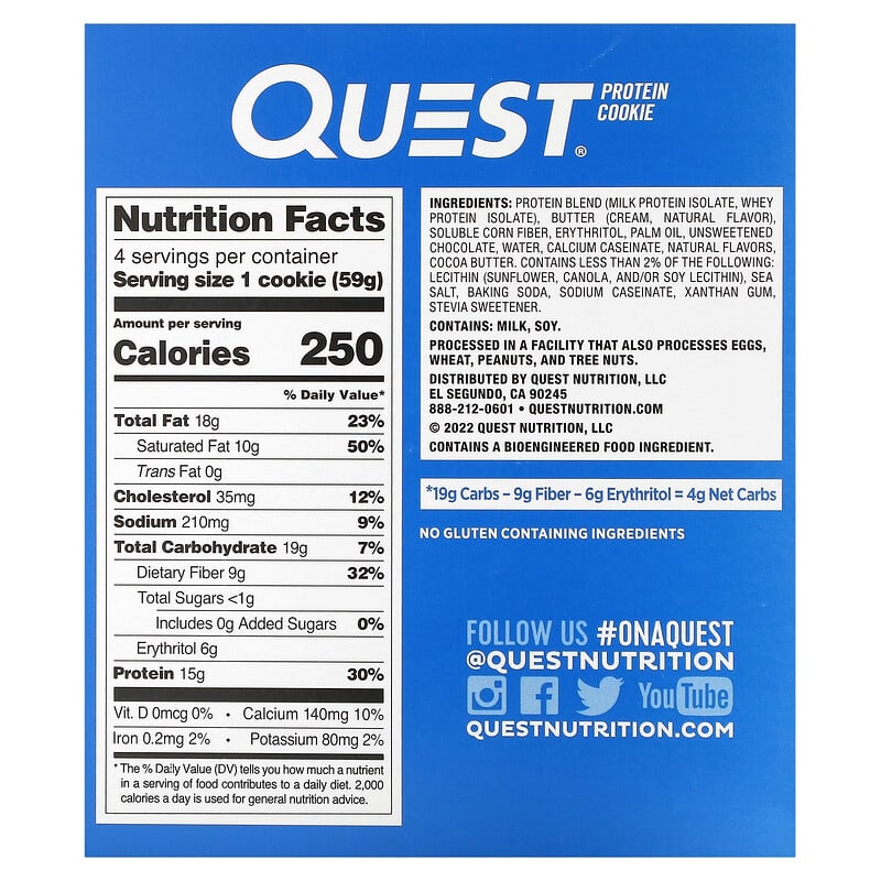 Quest Nutrition, Protein Cookie, Chocolate Chip, 4 Pack, 2.08 oz (59 g) Each