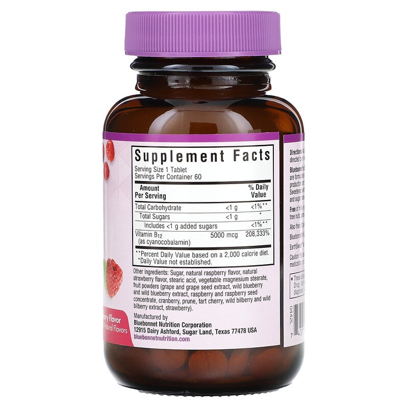 Bluebonnet Nutrition, Earth Sweet Chewables, Vitamin B12, Raspberry, 5,000 mcg, 60 Chewable Tablets