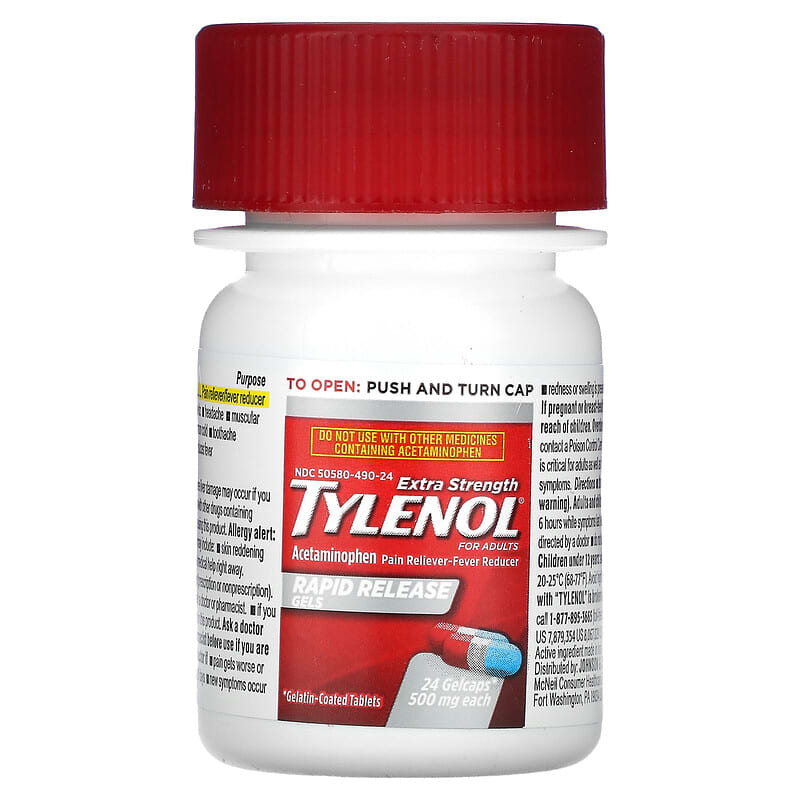 Tylenol, Rapid Release Gels, Extra Strength Acetaminophen for Adults, 500 mg, 24 Gelcaps