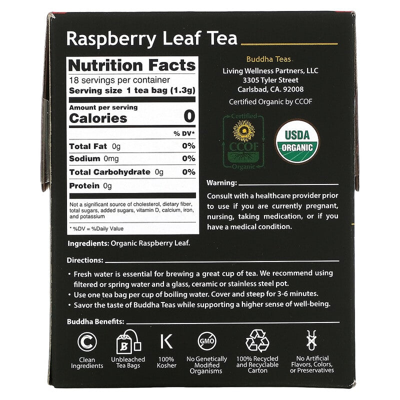 Buddha Teas, Organic Herbal Tea, Raspberry Leaf, 18 Tea Bags, 0.83 oz (24 g)