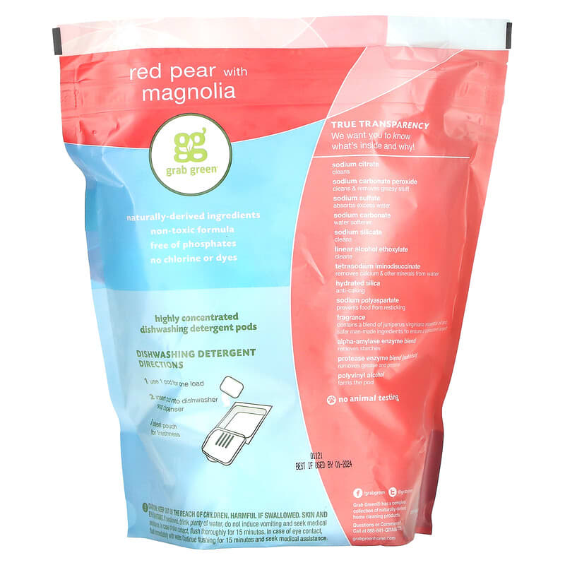 Grab Green, Automatic Dishwashing Detergent Pods, Red Pear with Magnolia, 60 Loads, 2 lbs 6 oz (1080 g)
