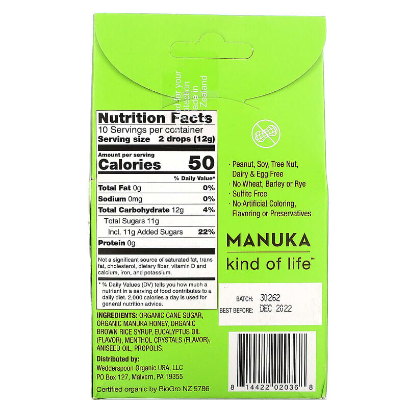 Wedderspoon, Organic Manuka Honey Drops, Eucalyptus with Bee Propolis, 4 oz (120 g)