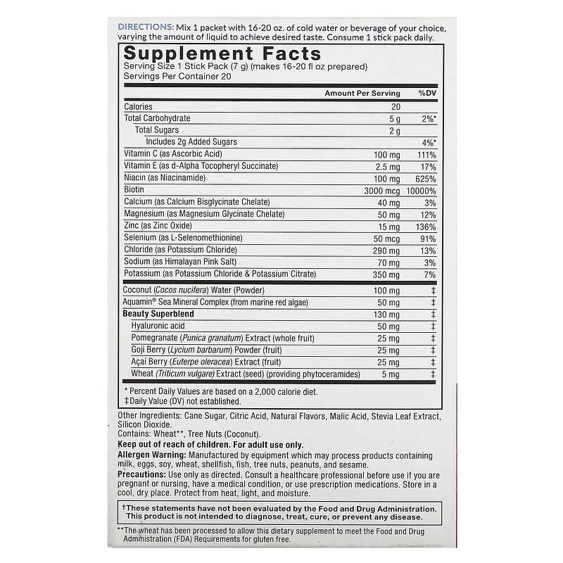 Force Factor, Liquid Labs Beauty, Rapid Hydration Electrolyte Drink Mix, Tropical Berry, 20 Stick Packs, 0.25 oz (7 g) Each