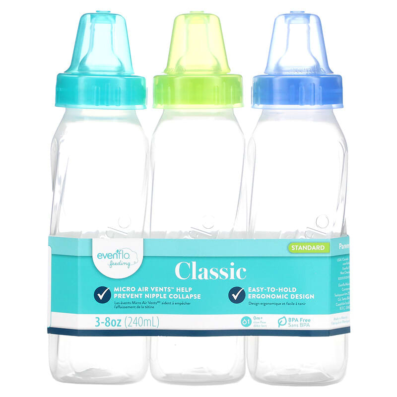 Evenflo Feeding, Classic Bottles, Standard, 0+ Months, Slow Flow, 3 Bottles, 8 oz (240 ml) Each