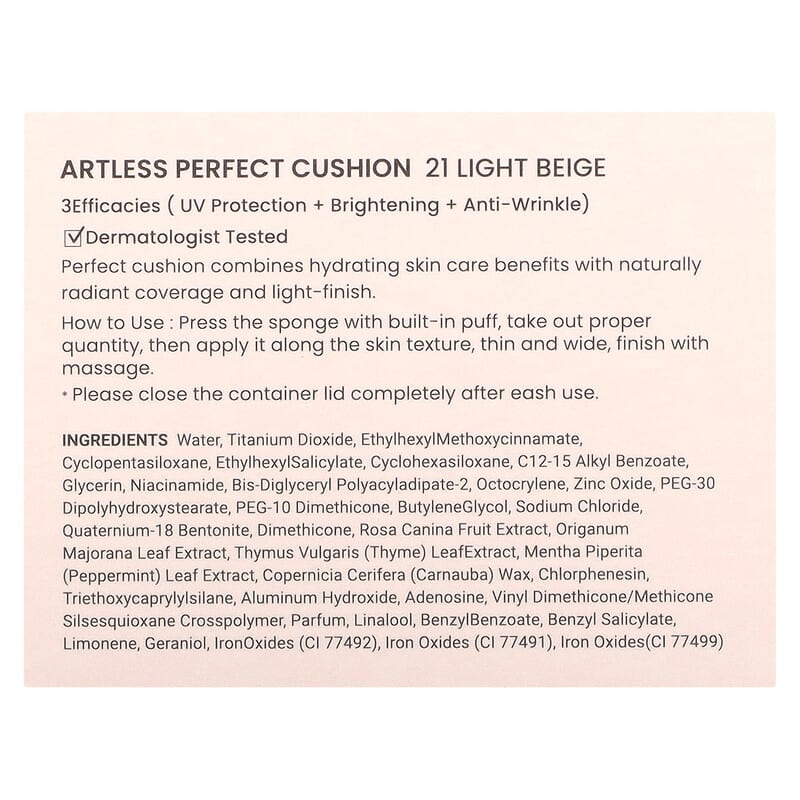 Heimish, Artless Perfect Cushion, SPF50+/PA+++, 21 Light Beige, 2 Cushions, 13 g Each