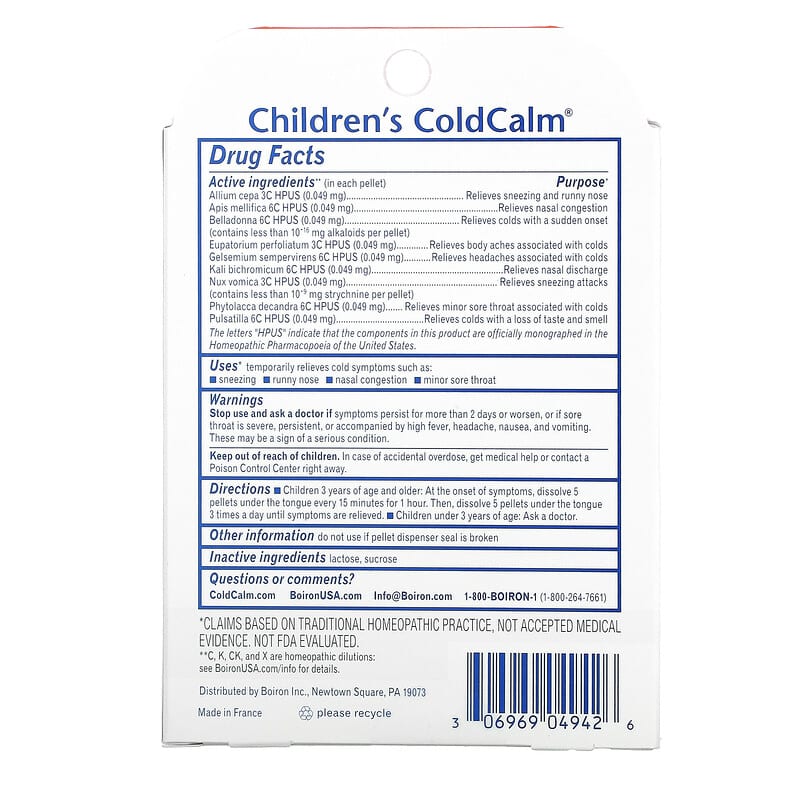 Boiron, Coldcalm, Children's Cold Relief, 3+ and Older, 2 Tubes, Approx. 80 Quick Dissolving Pellets Each