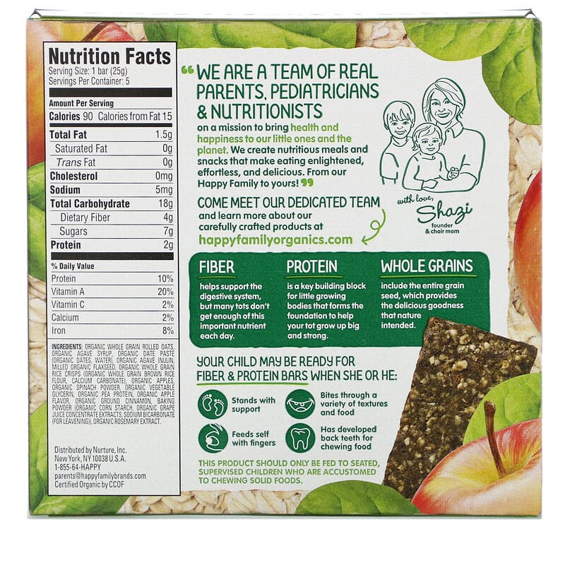 Happy Family Organics, Happytot, Fiber & Protein Gluten Free Oat Bar, Organic Apples & Spinach, 5 Bars, 0.88 oz (25 g) Each