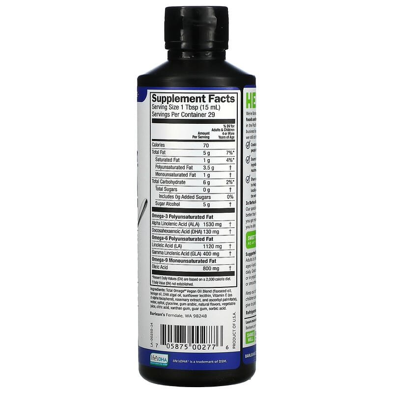 Barlean's, Plant Based Total Omega 3 &#xB7; 6 &#xB7; 9, Pomegranate Blueberry Smoothie, 3,980 mg, 16 oz (454 g)