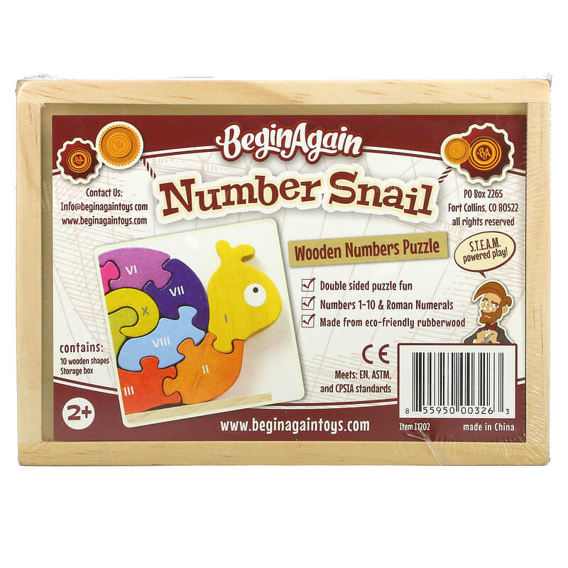 Begin Again Toys, Number Snail, Teach & Play Puzzle, 2+ Years, 10 Piece Set