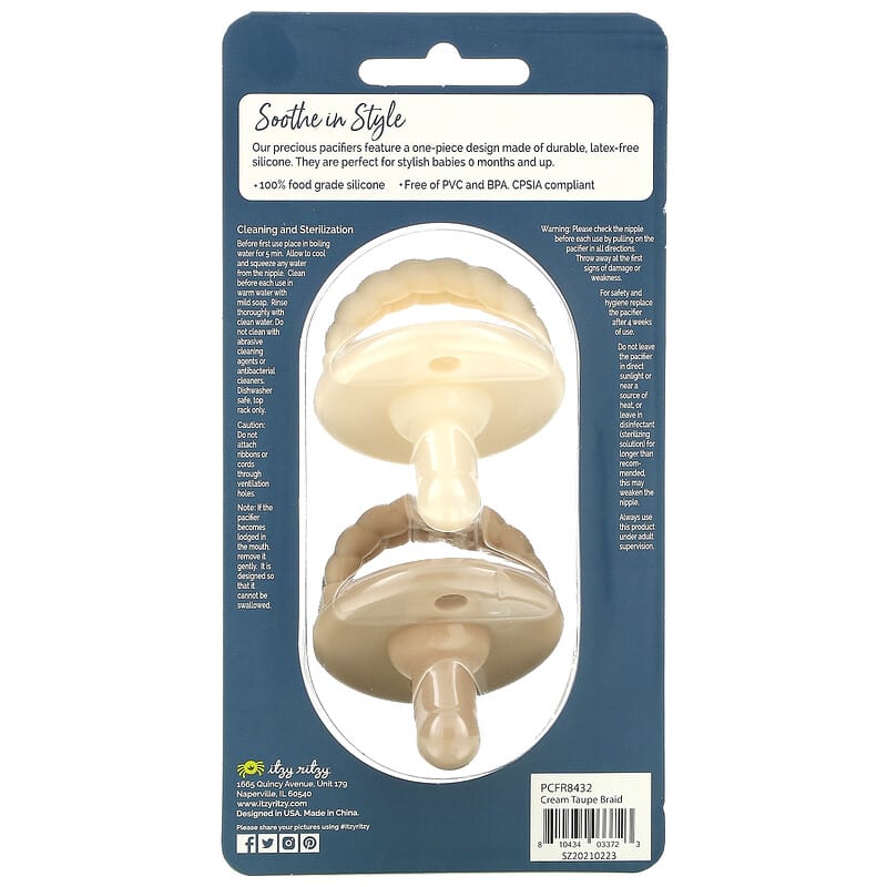 itzy ritzy, Sweetie Soother, Food Grade Silicone Pacifiers, 0+ Months, Cream Taupe Braid, 2 Pacifiers