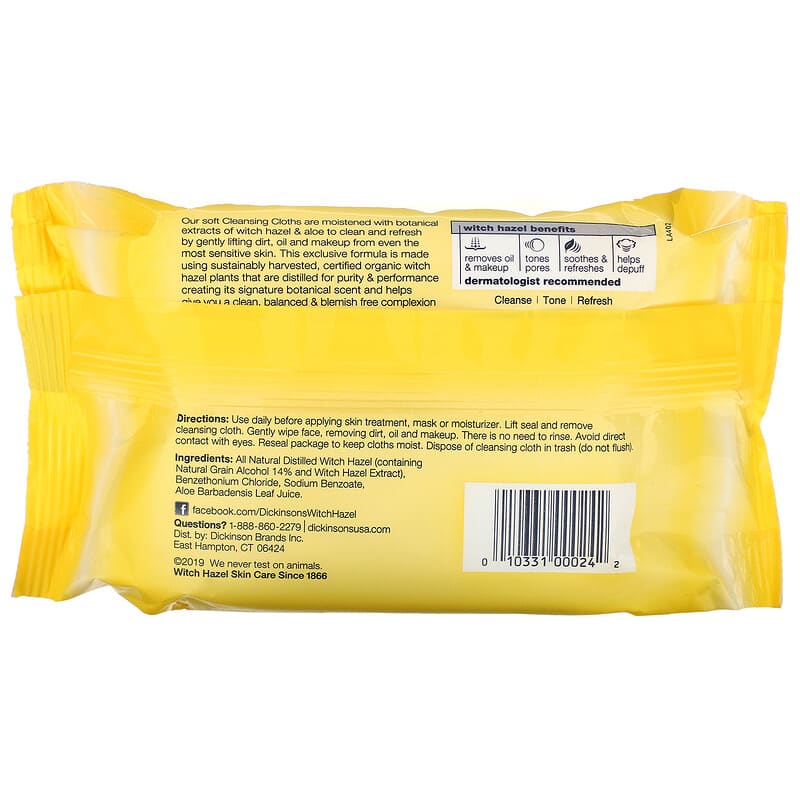 Dickinson Brands, Original Witch Hazel, Refreshingly Clean Cleansing Cloths,  25 Wet Cloths